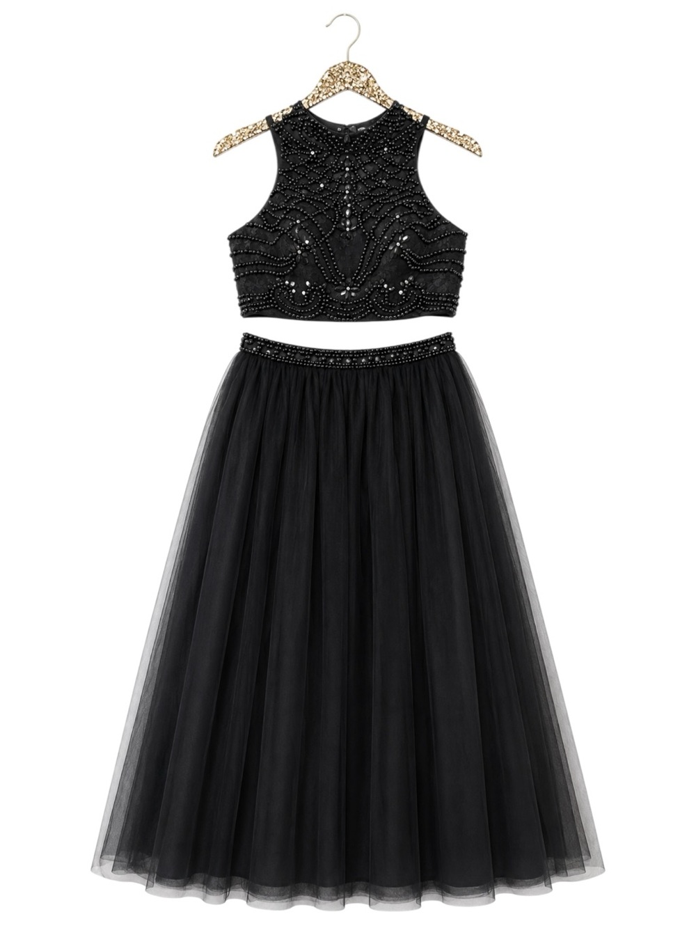 HEBEOS Black Beaded Two Piece Prom Dress Tulle‎ Skirt Formal Gown XS